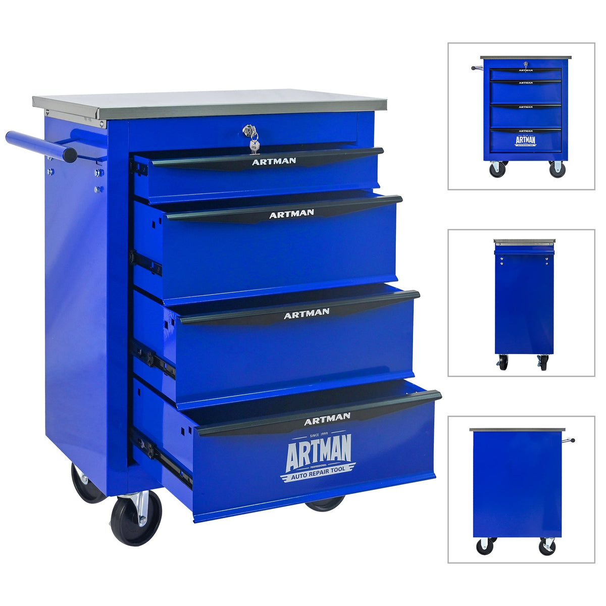4-Drawer Tool Trolley, Multifunctional Rolling Storage, Metal, Black & Blue