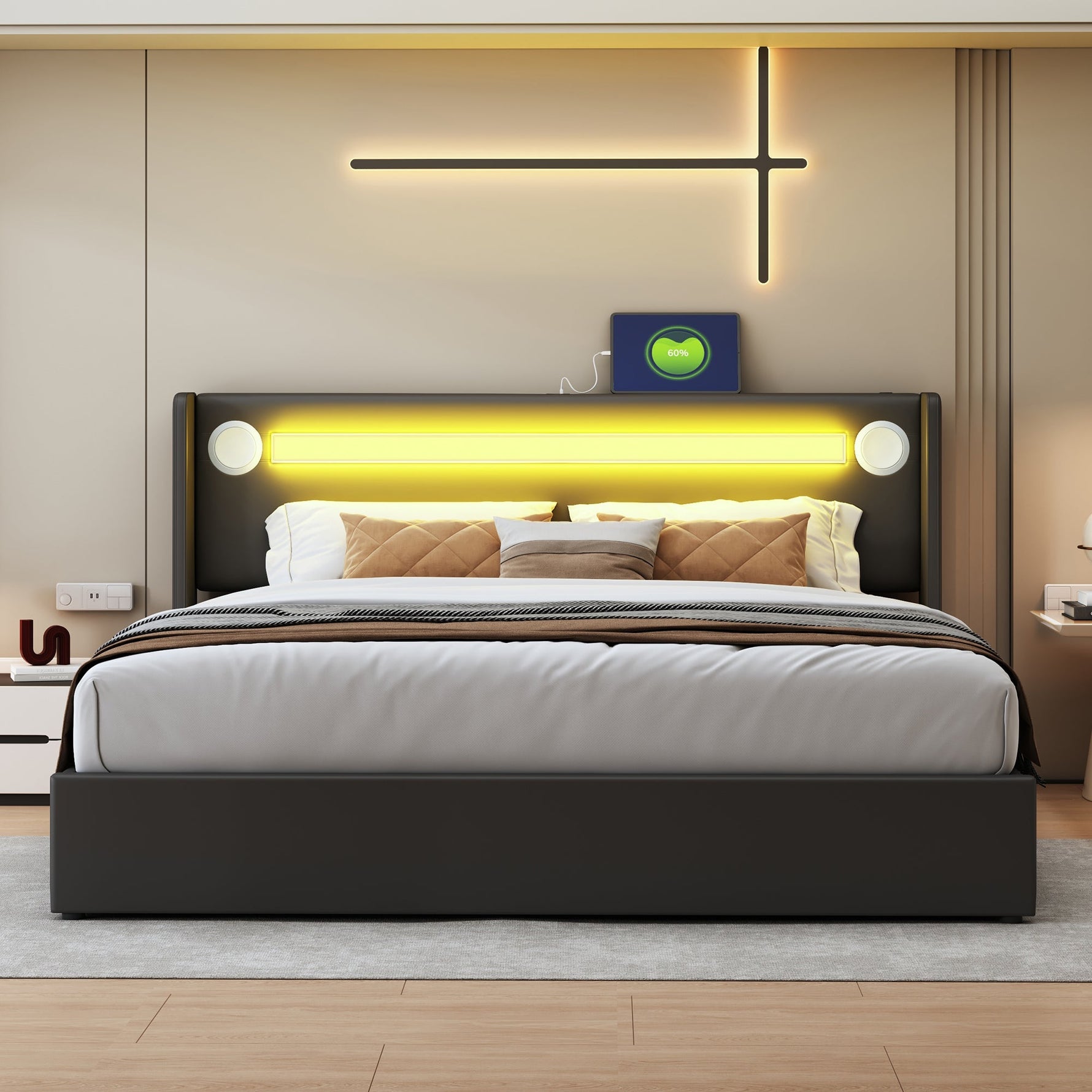 Upholstered Bed, 160x200cm LED & Bluetooth Storage, Black PU Leather