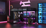 Loft Bed 160x200 Gaming Desk LED Storage Wardrobe - Black Metal