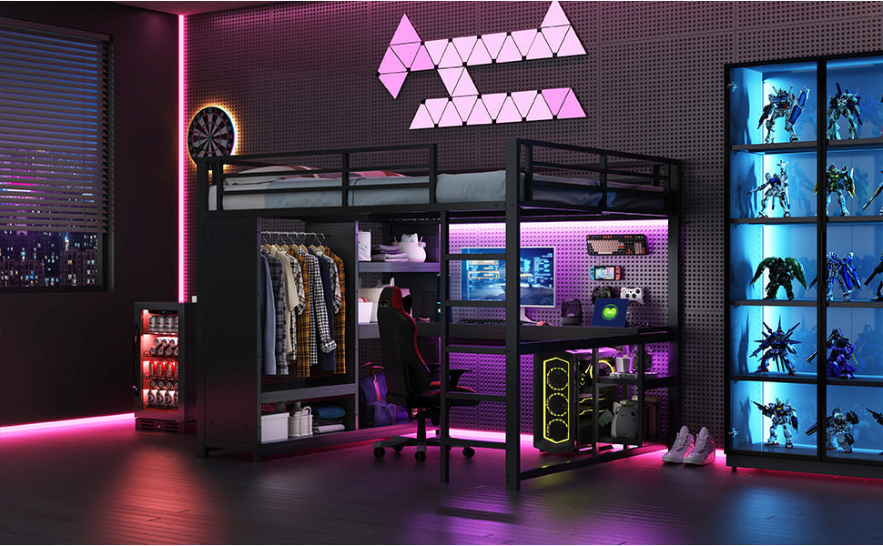 Loft Bed 160x200 Gaming Desk LED Storage Wardrobe - Black Metal