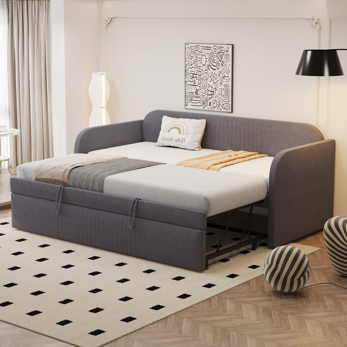 Upholstered Bed Pull-Out Sofa, Multifunctional with Slatted Frame, Grey Linen