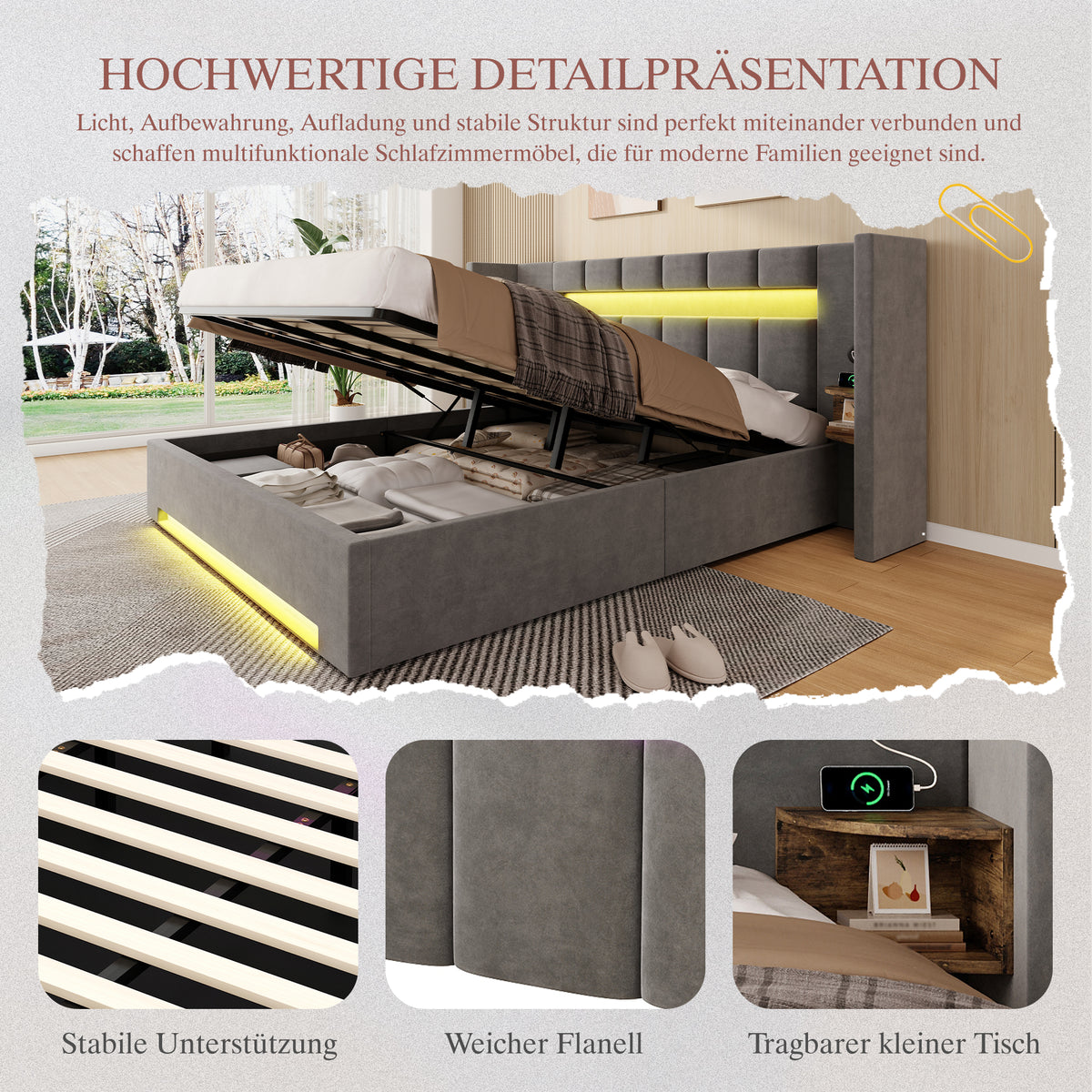 Multifunctional Bed Frame 180x200cm with Storage & LED, Velvet