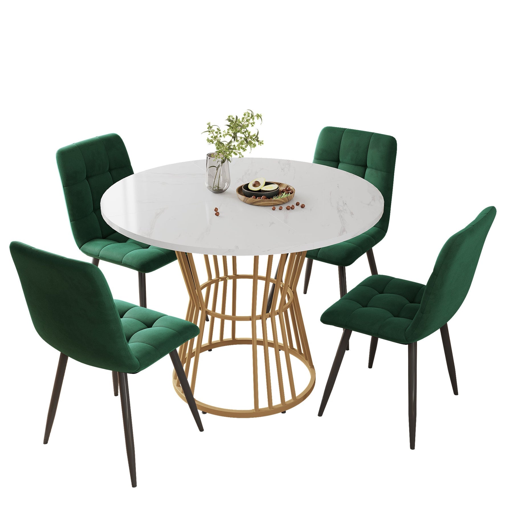 Dining Table Set 5-Piece Round 100cm Gold Metal Legs White MDF Green Velvet