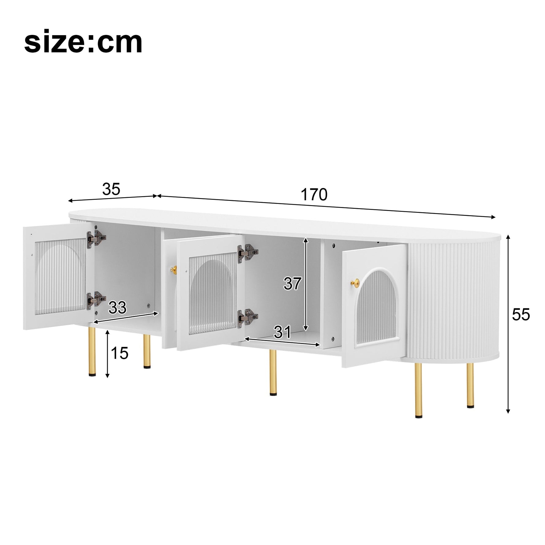 TV Cabinet Lowboard Glass Doors Storage Gold Handles/Legs