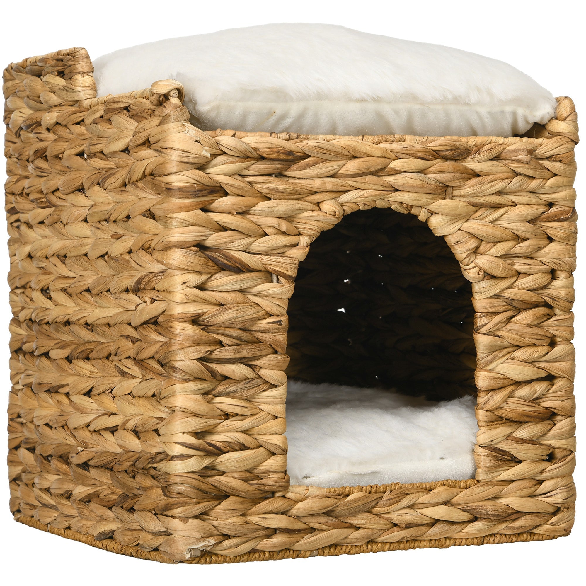 Rattan Cat Cave 2-Level Cushion, Water Hyacinth Brown