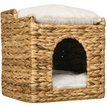 Rattan Cat Cave 2-Level Cushion, Water Hyacinth Brown