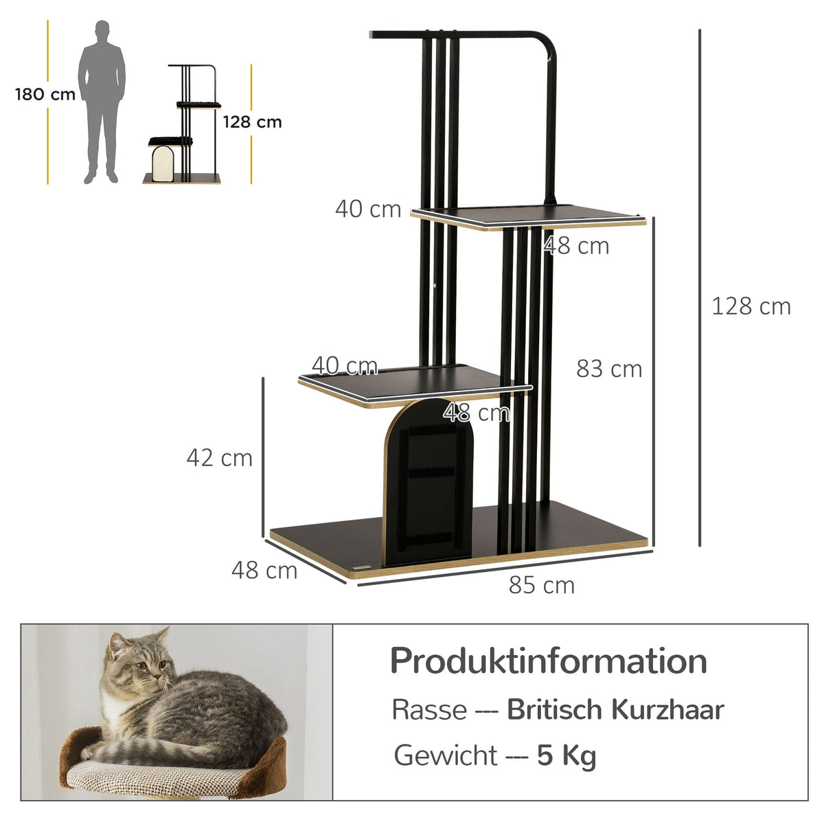 Cat Tree with Cushion, Scratching Board, 2 Platforms, Steel Black