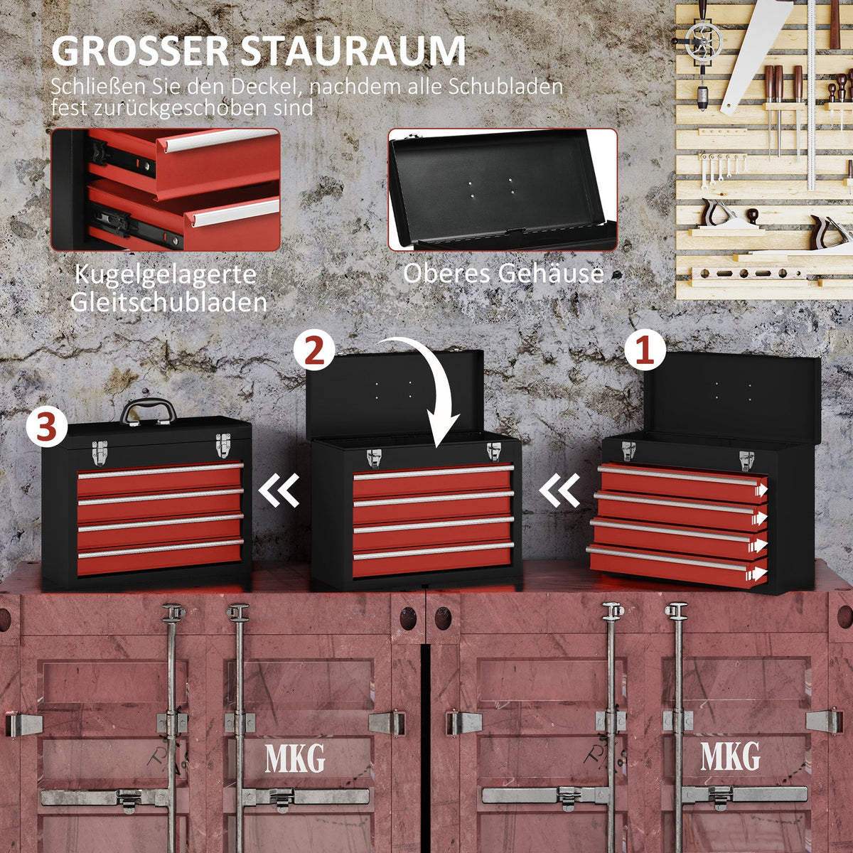 DURHAND tool case 4 drawers lock, steel black and red