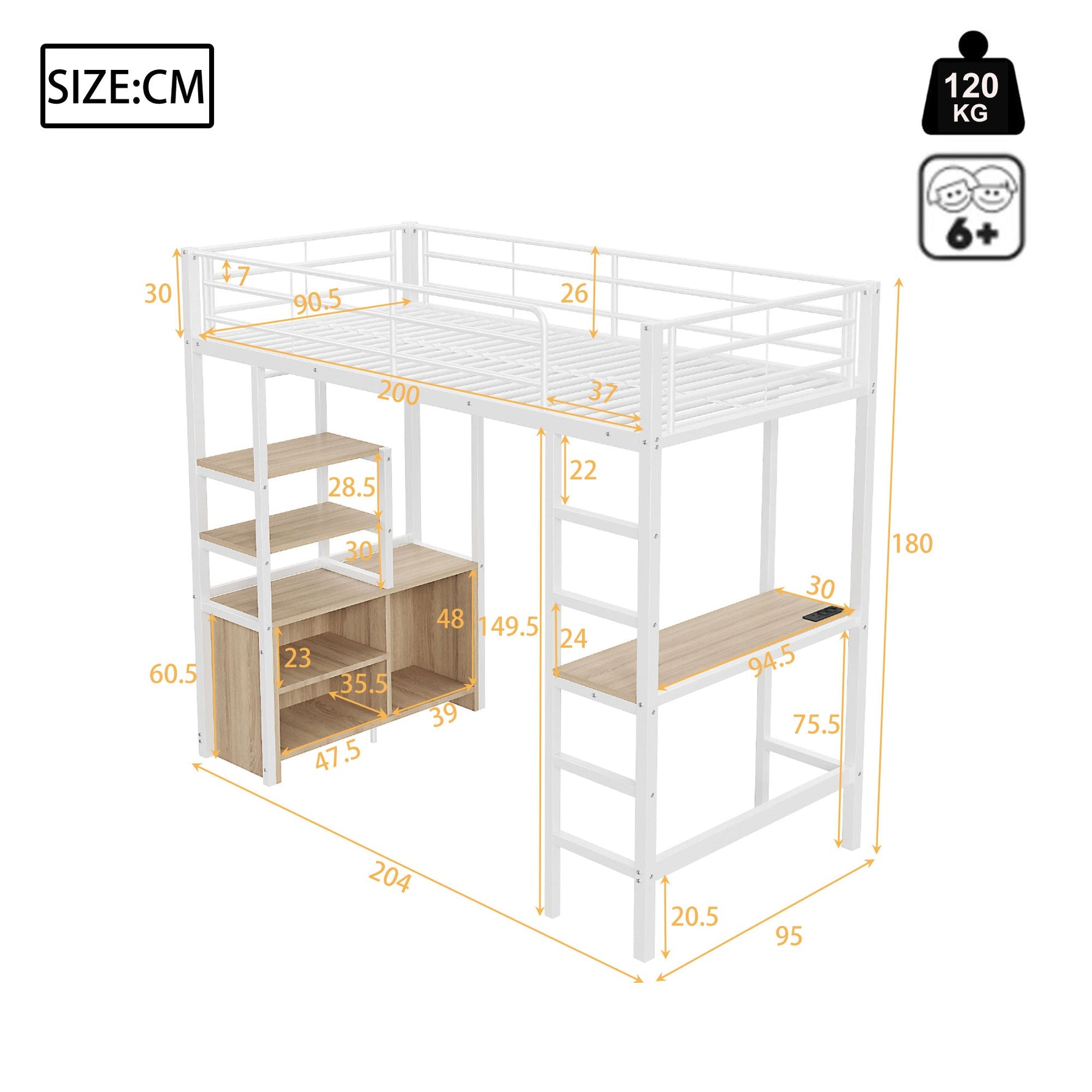 Loft Bed 90x200cm with Desk, USB/Power Outlet, Shelves & Storage - White Iron Frame