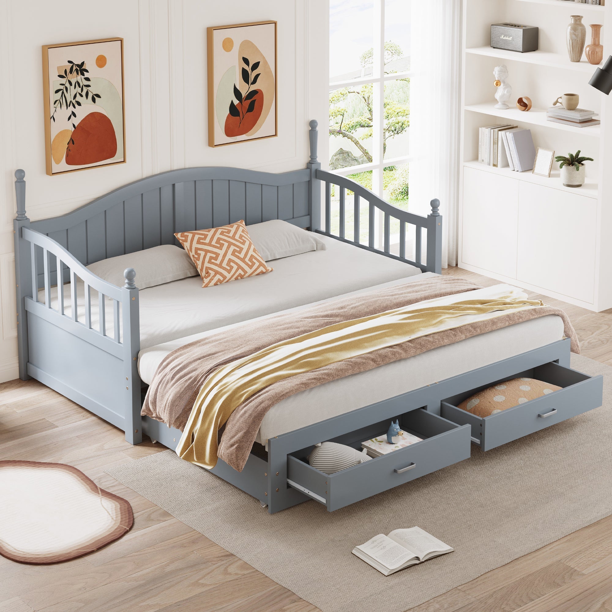 Pull-Out Sofa Bed, Solid Wood with Drawers & Slatted Frame, Pine Wood, Grey