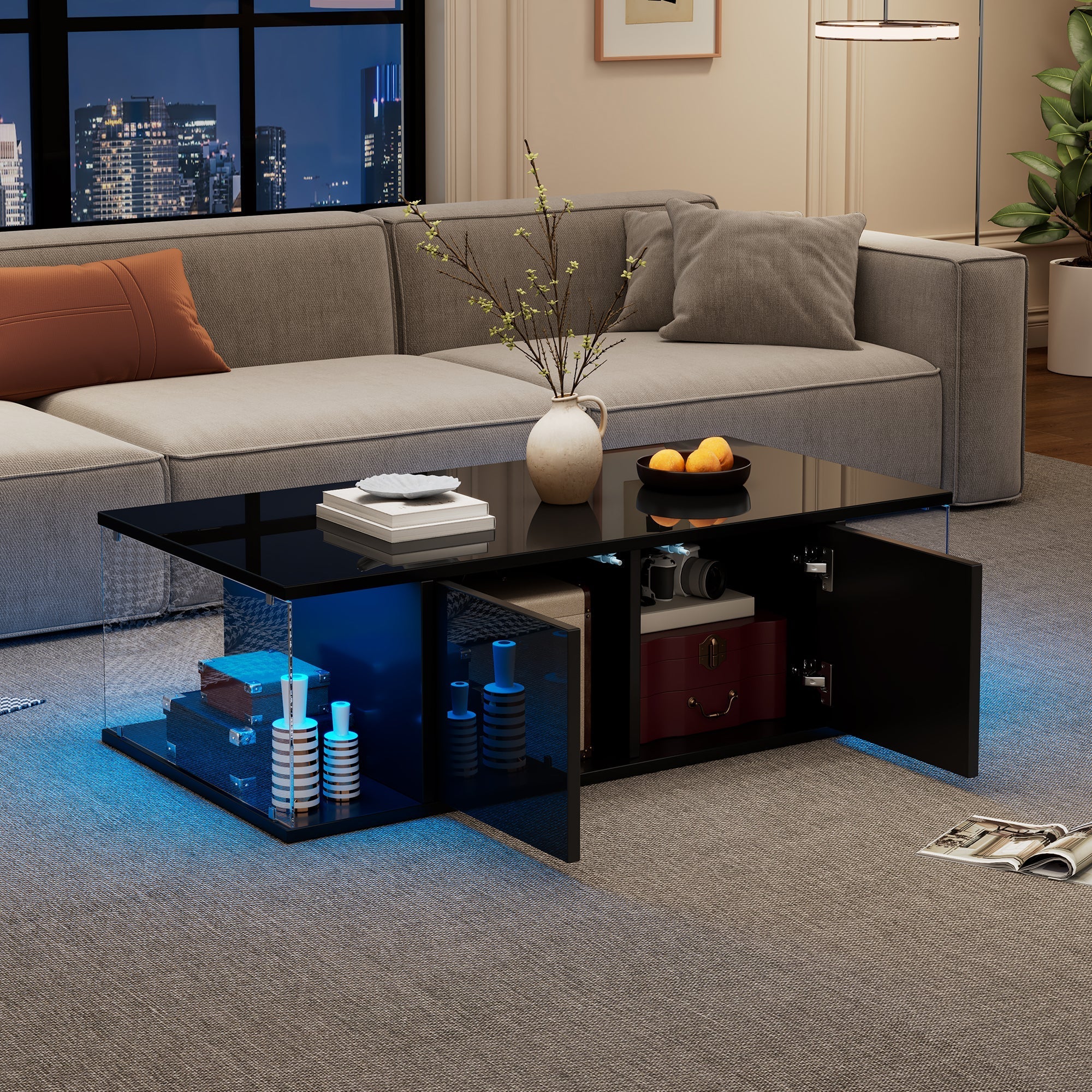 Coffee Table, Living Room Sofa Table with LED, High-Gloss, Tempered Glass, 2 Cabinets, Black Chipboard