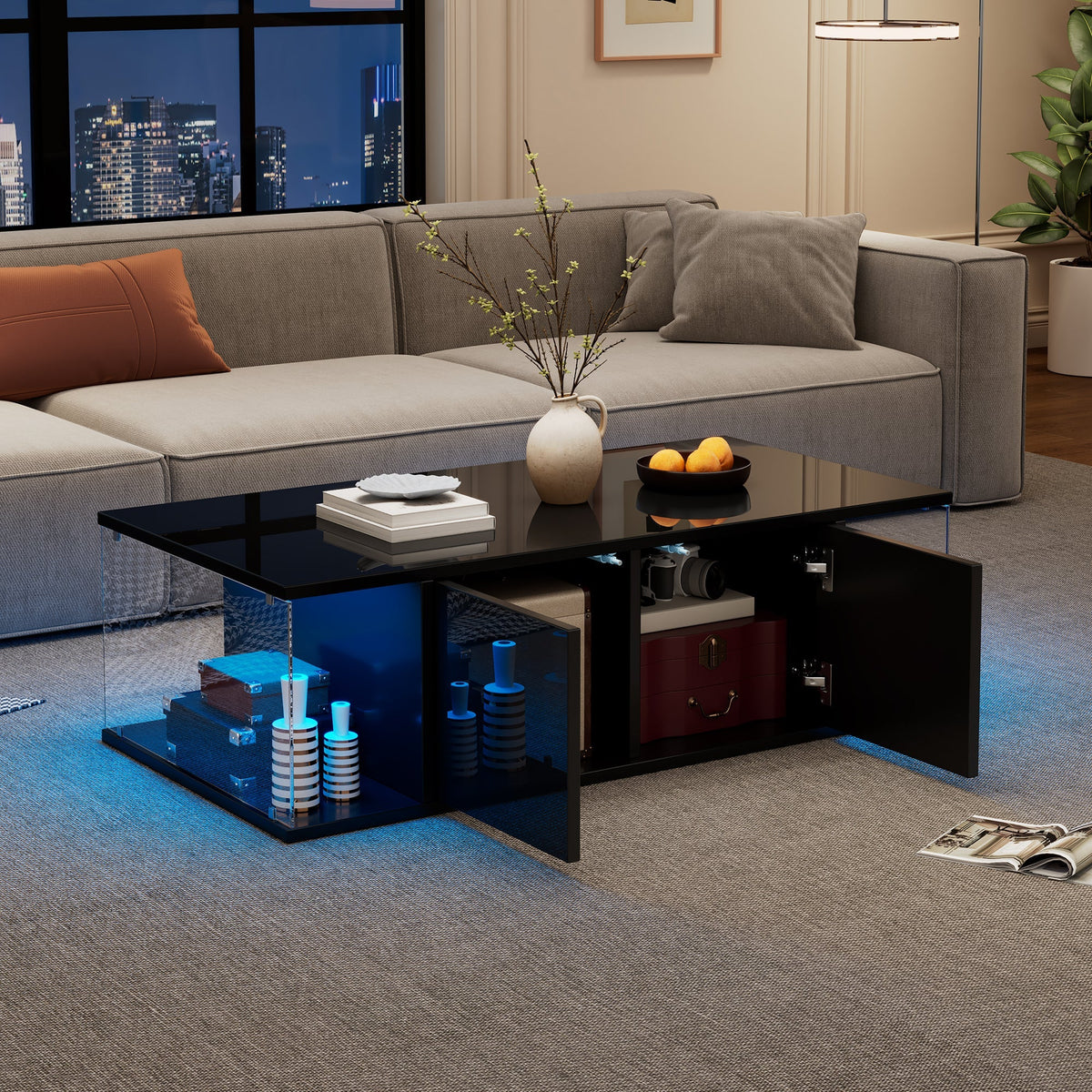 Coffee Table, Living Room Sofa Table with LED, High-Gloss, Tempered Glass, 2 Cabinets, Black Chipboard