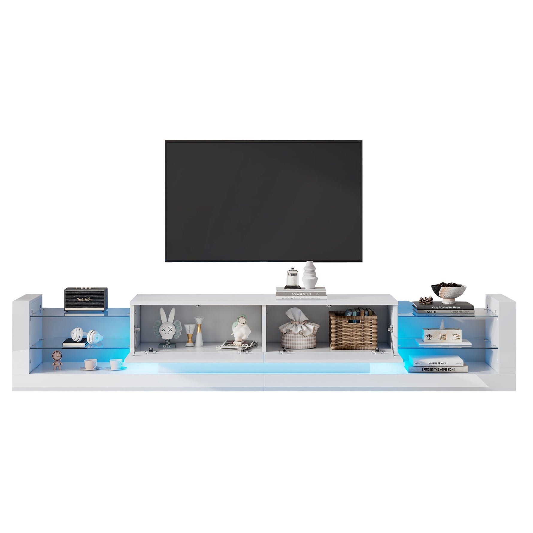 High-Gloss TV Cabinet, 181cm LED Lit, 80-inch Capacity with Glass Front and Two Folding Drawers