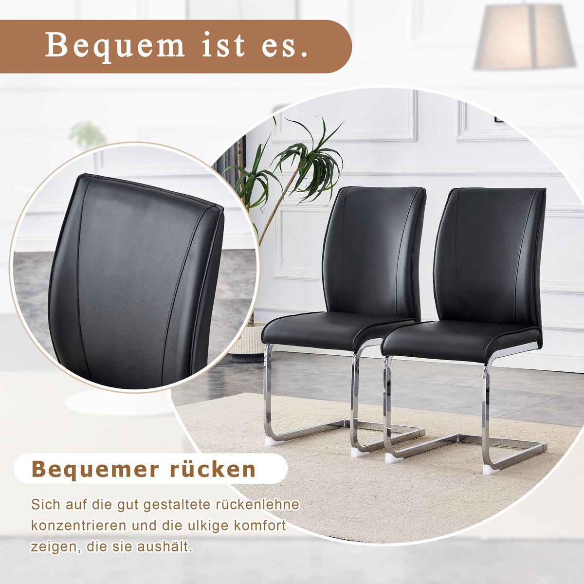 Chairs (Set of 4), Comfortable with Silver Metal Legs, Black PU