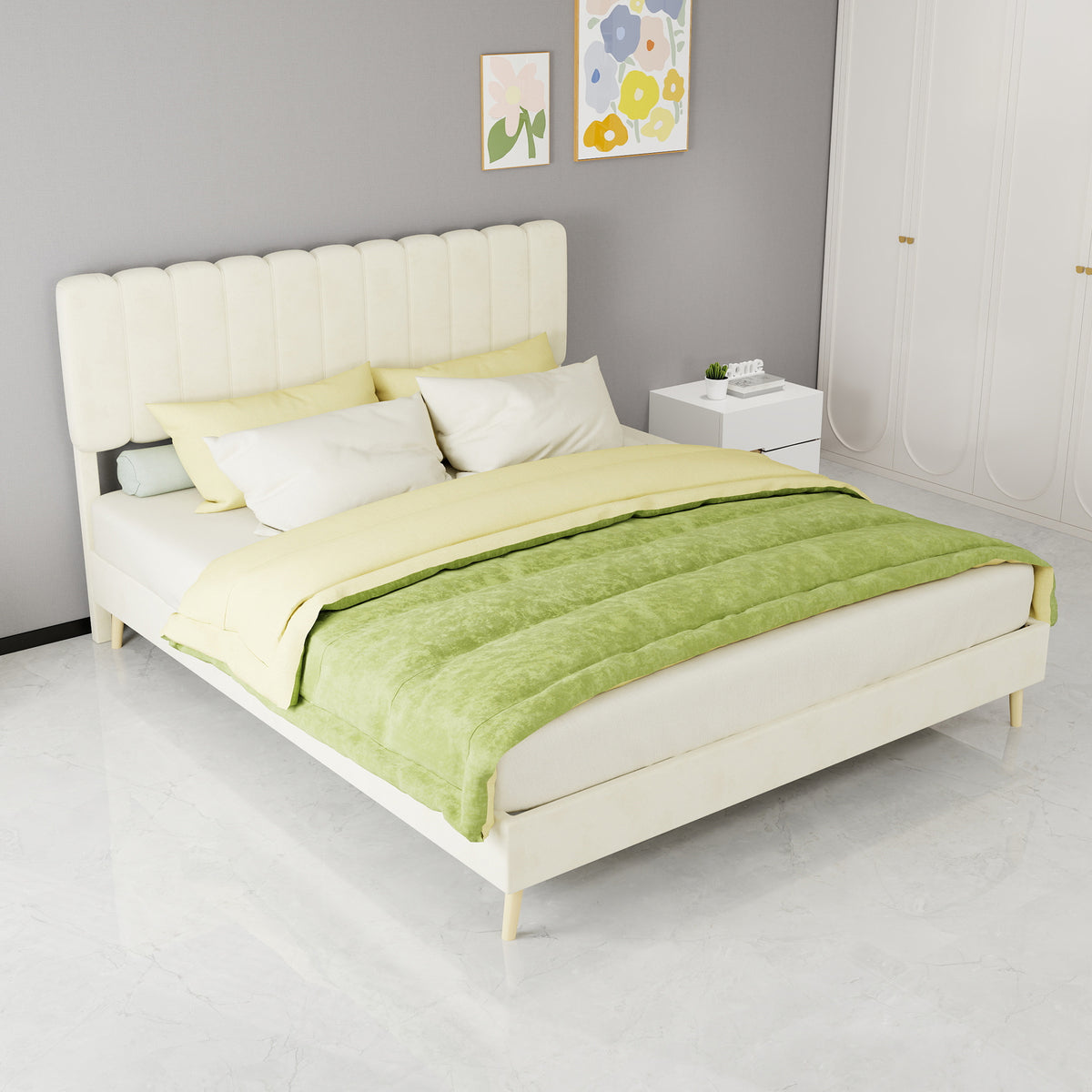 Upholstered Bed 160x200cm with Soft Headboard & Mattress, Beige