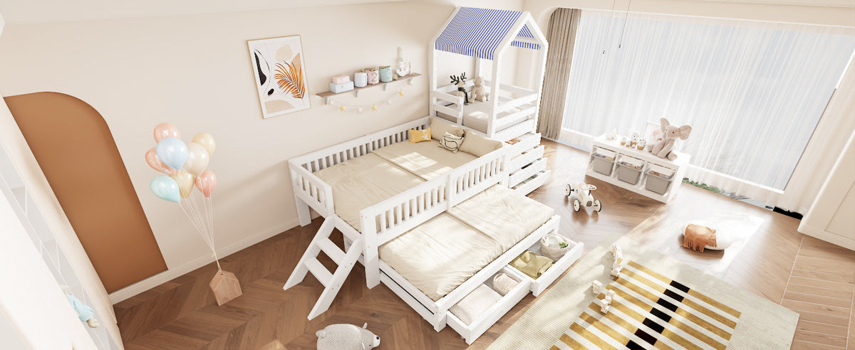 Kids House Bed with Pull-Out Bed, Drawers & Stairs, White