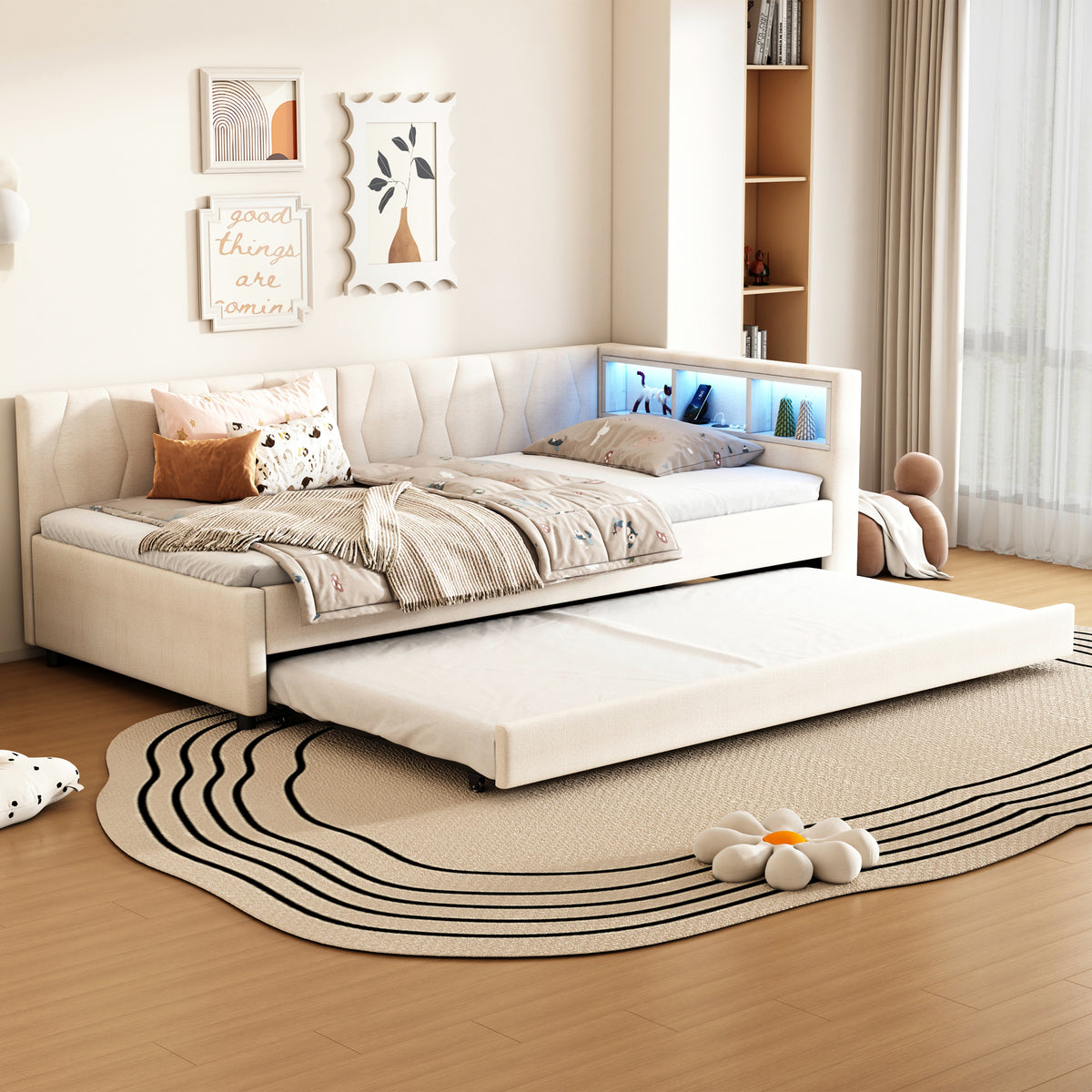 Daybed 90x200cm with Trundle, Storage & LED, Beige Linen