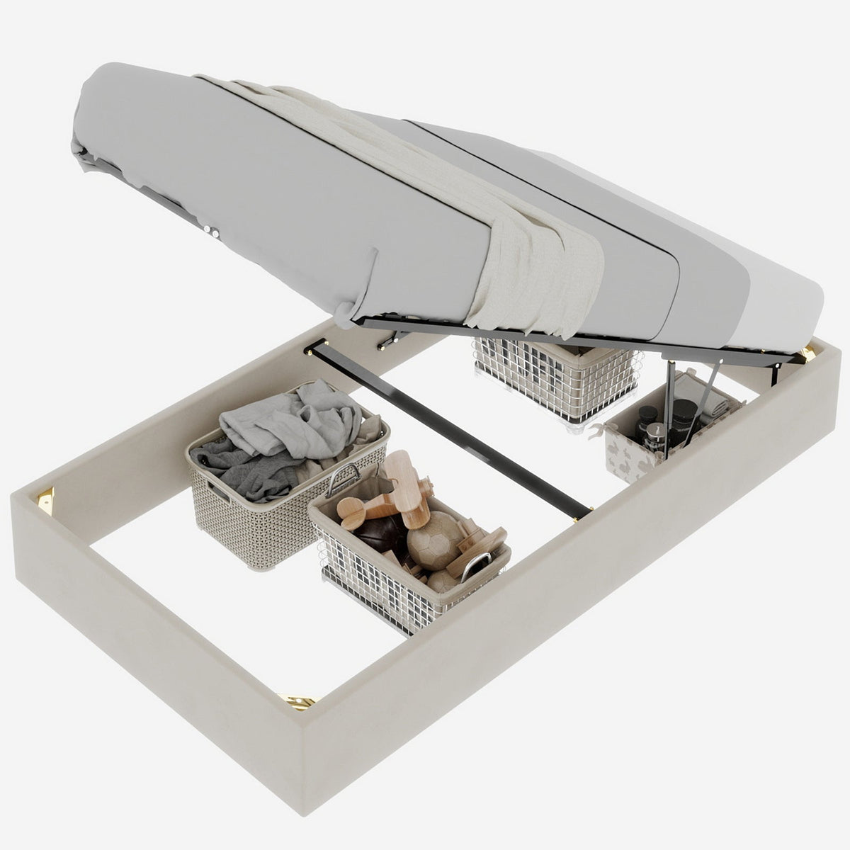 Modern Minimalist Bed Frame, Gas Lift Piston, 90x200cm, Beige Dutch Velvet