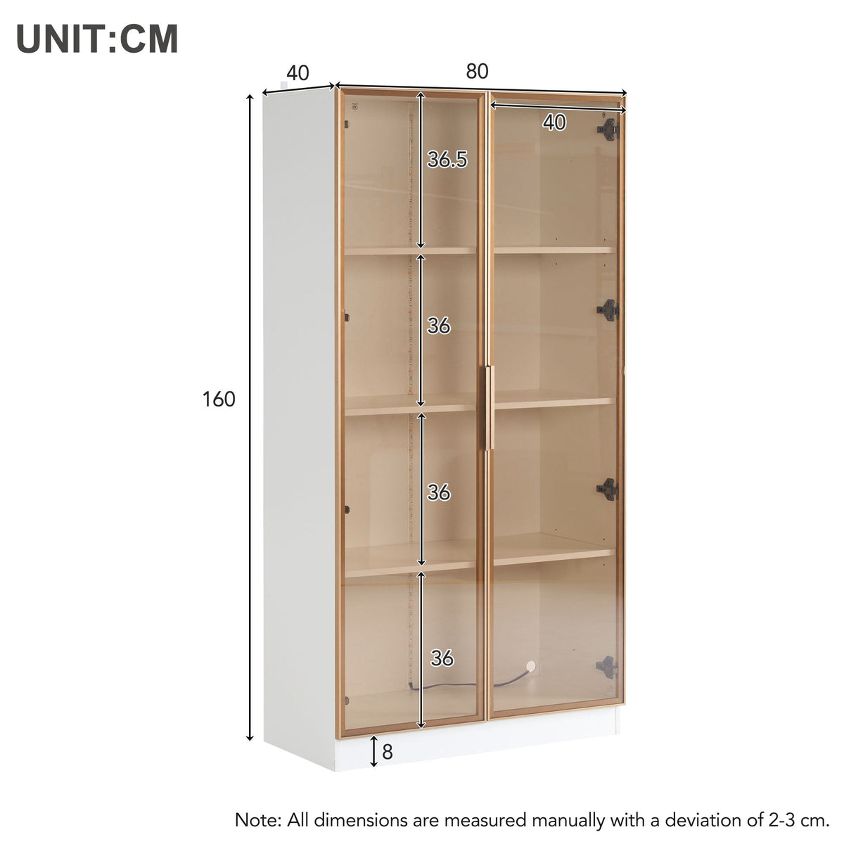 Glass Display Cabinet, Set of 2 with LED Lighting & Movable Shelves, White