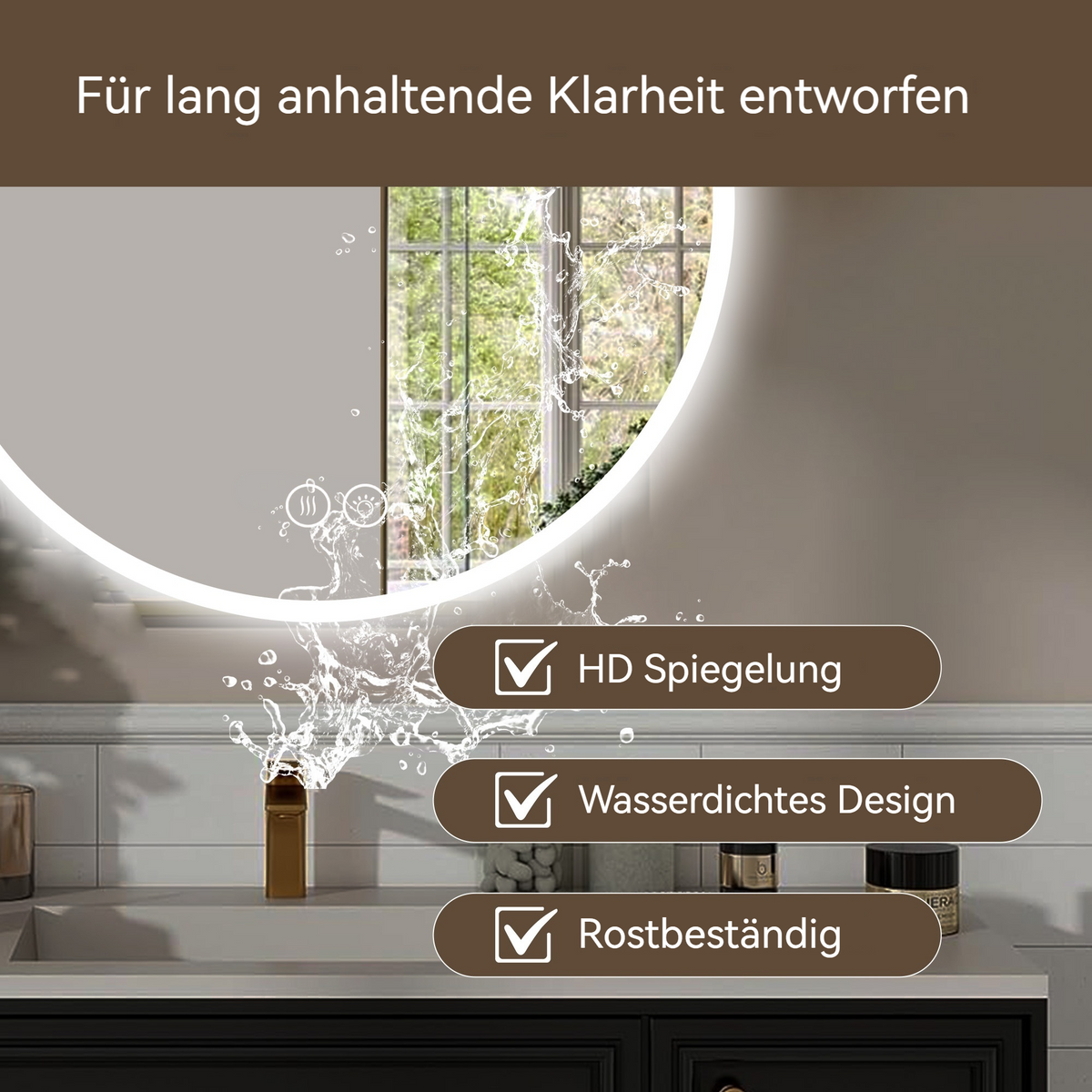 70cm LED Round Bathroom Mirror, Anti-Fog & Dimmable Light