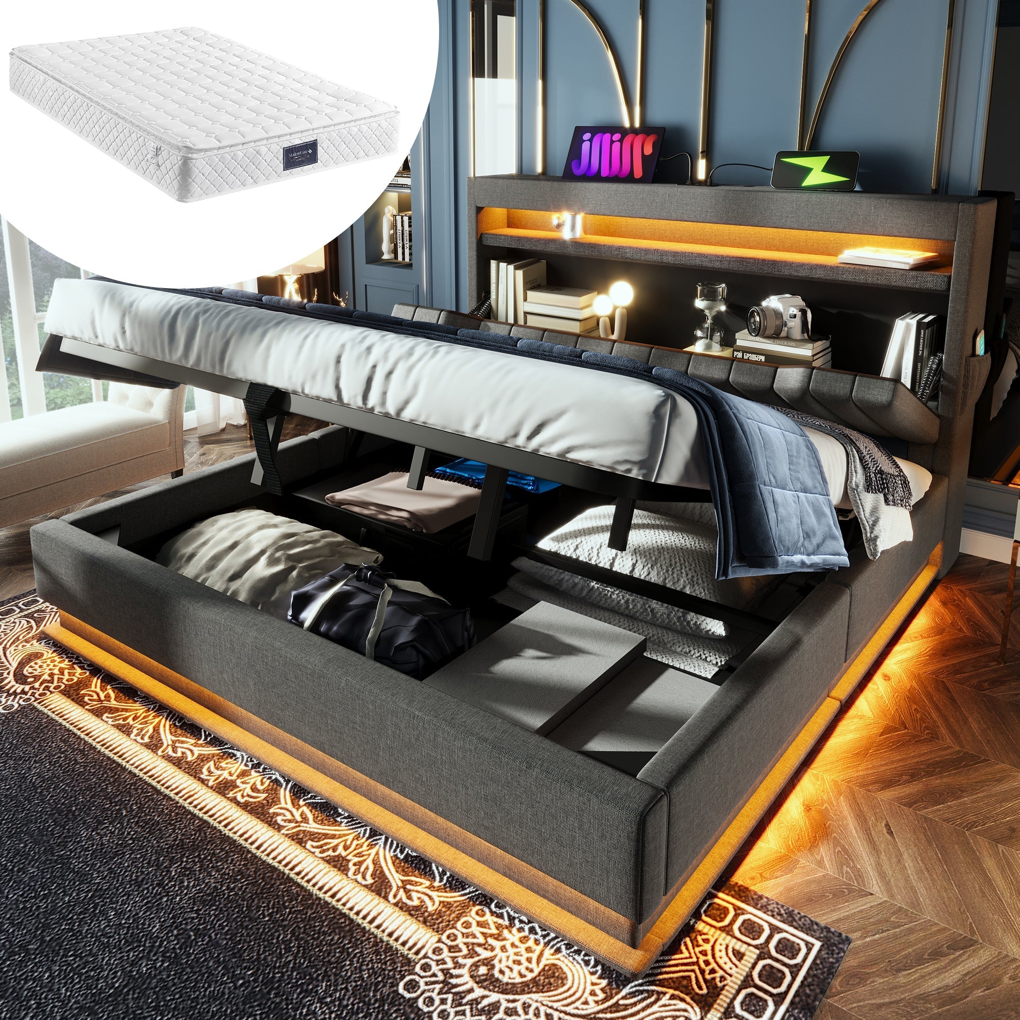 Upholstered Double Bed 140x200cm, Storage Headboard USB/Type-C, LED Lights, Hydraulic Storage, Grey Linen
