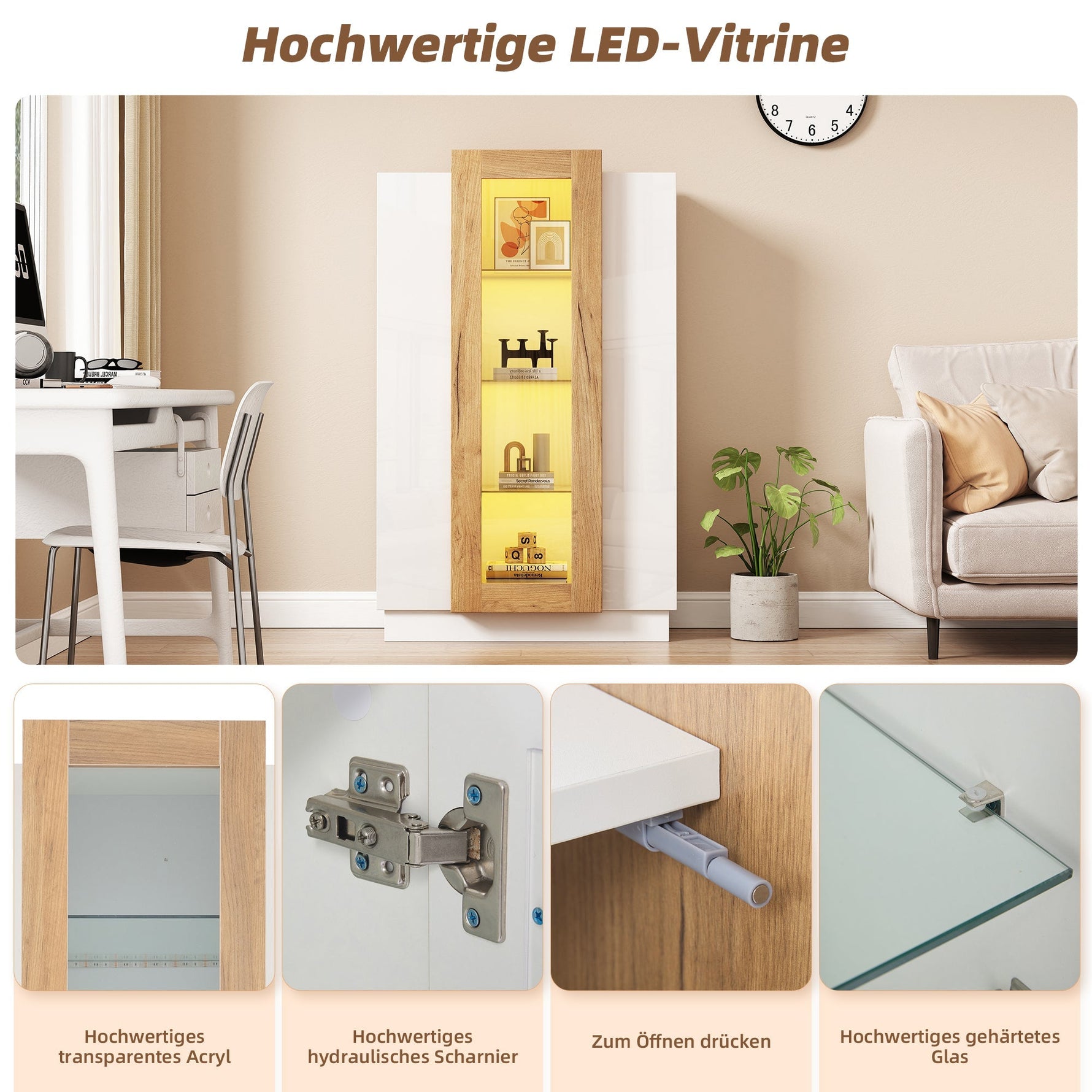 Living Room Cabinet, 3-Door High-Gloss LED Display, Glass Shelves & Drawer, Transparent