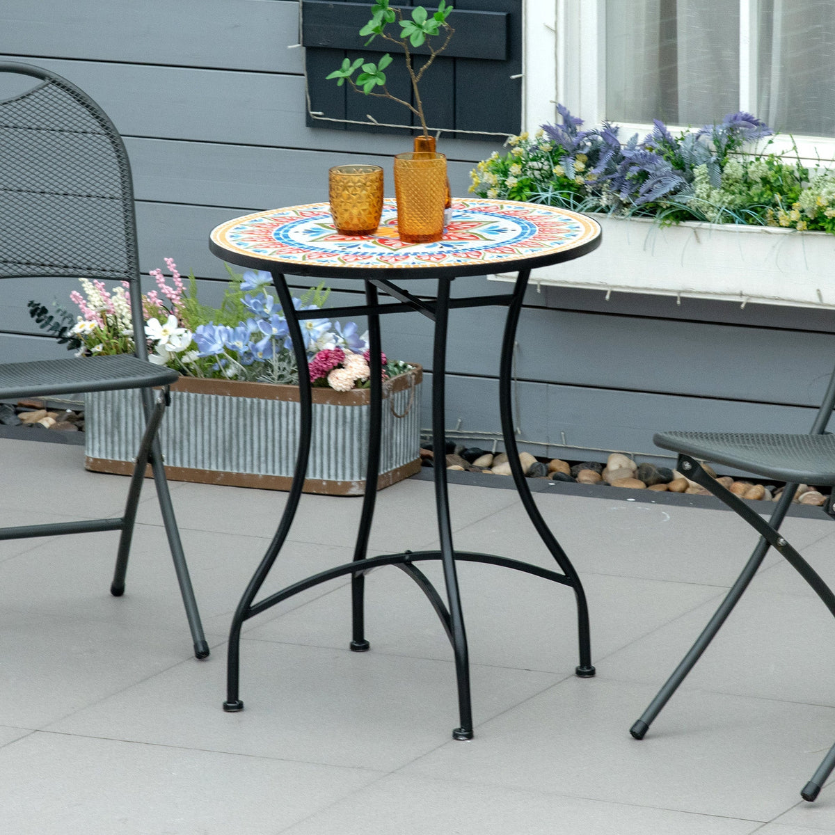 Garden Table Mosaic Bistro Side Table Round Ø60 cm, Ceramic Metal Red+Blue+White