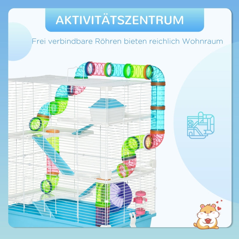 Small Animal Cage, 5-Level with Exercise Wheel, Light Blue + White Plastic