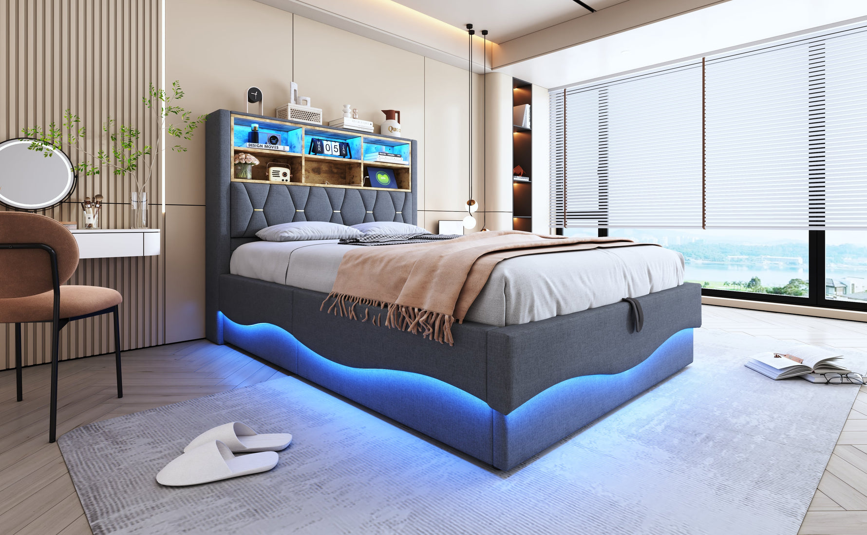 Upholstered Bed 140x200 Hydraulic Storage LED Light USB Charging Linen Upholstery Grey