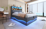 Upholstered Bed 140x200, Hydraulic Storage, LED Light, USB Port, Linen Upholstery Grey
