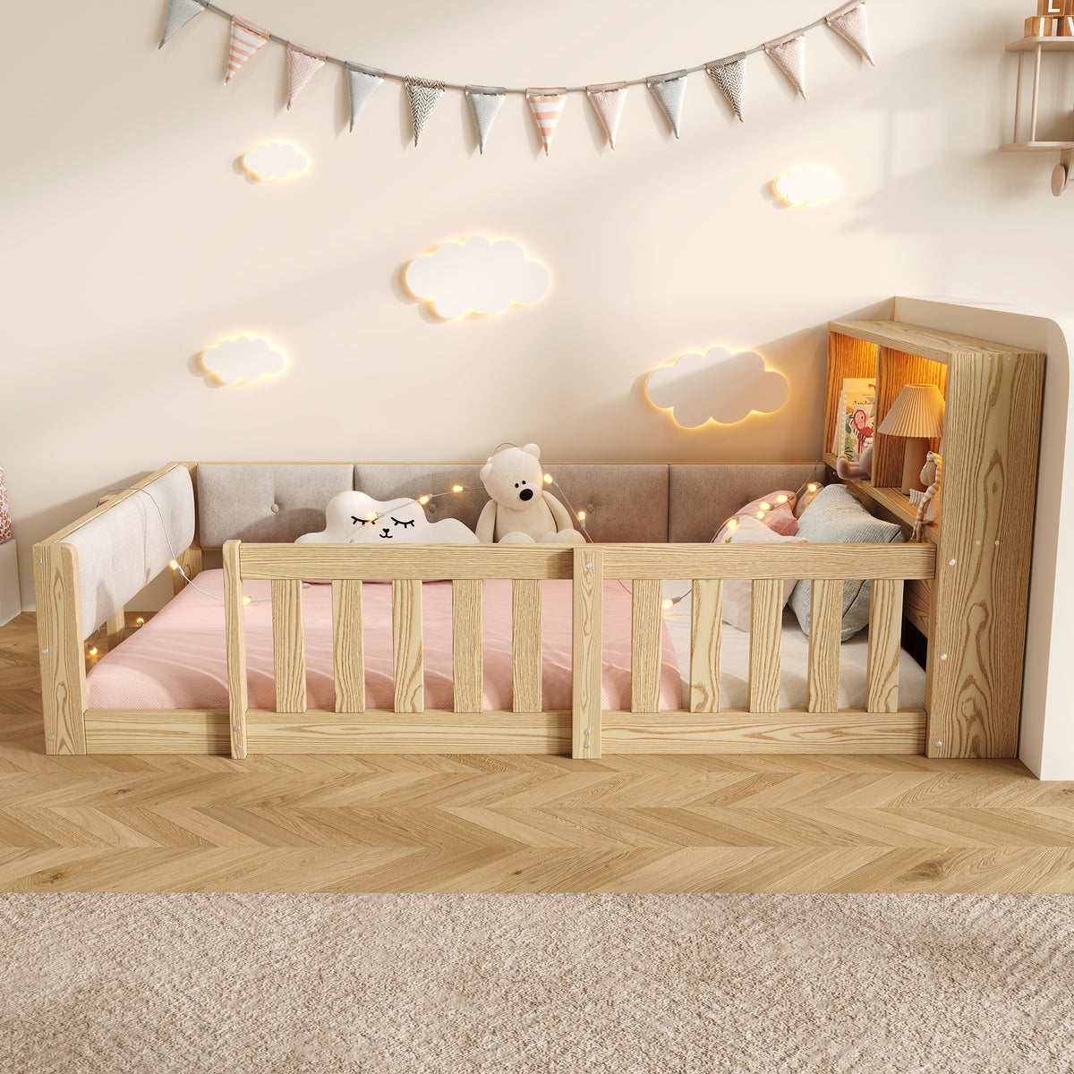 Children's Flatbed 90x200cm with Railings & LED Light, Natural