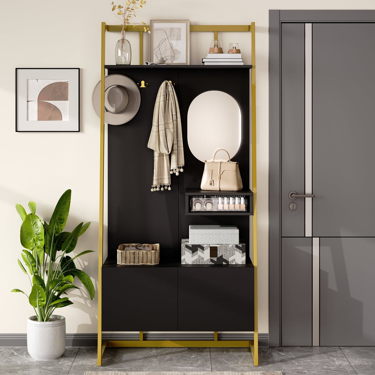 Modern Minimalist Wardrobe Compact Multifunctional Storage with Mirror & Shoe Bench, Metal Hooks