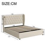 Upholstered Double Bed 140x190cm Hydraulic Storage Ear Shape - Velvet Beige