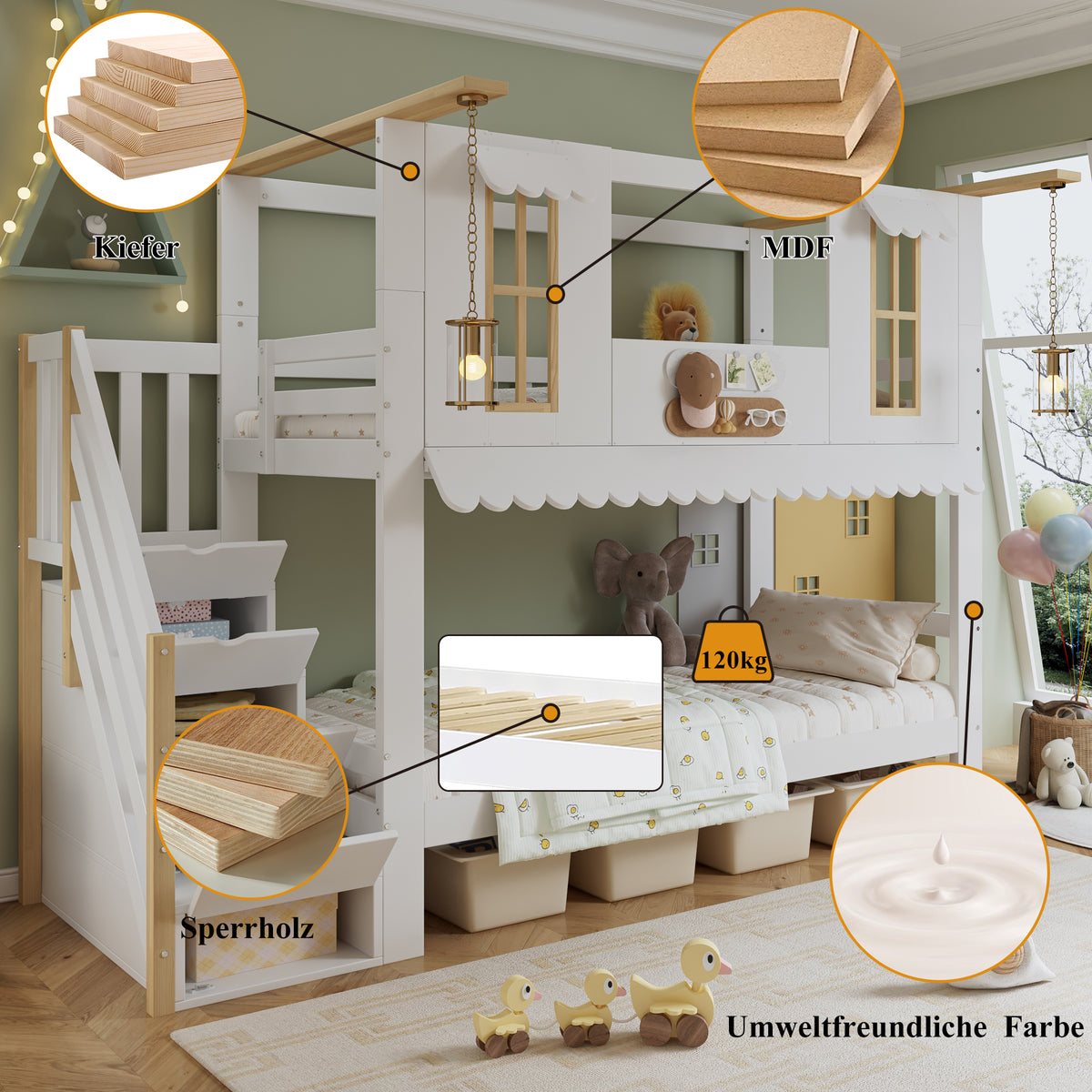 Children's Bunk Bed 90x200cm with Storage Stairs, White & Natural