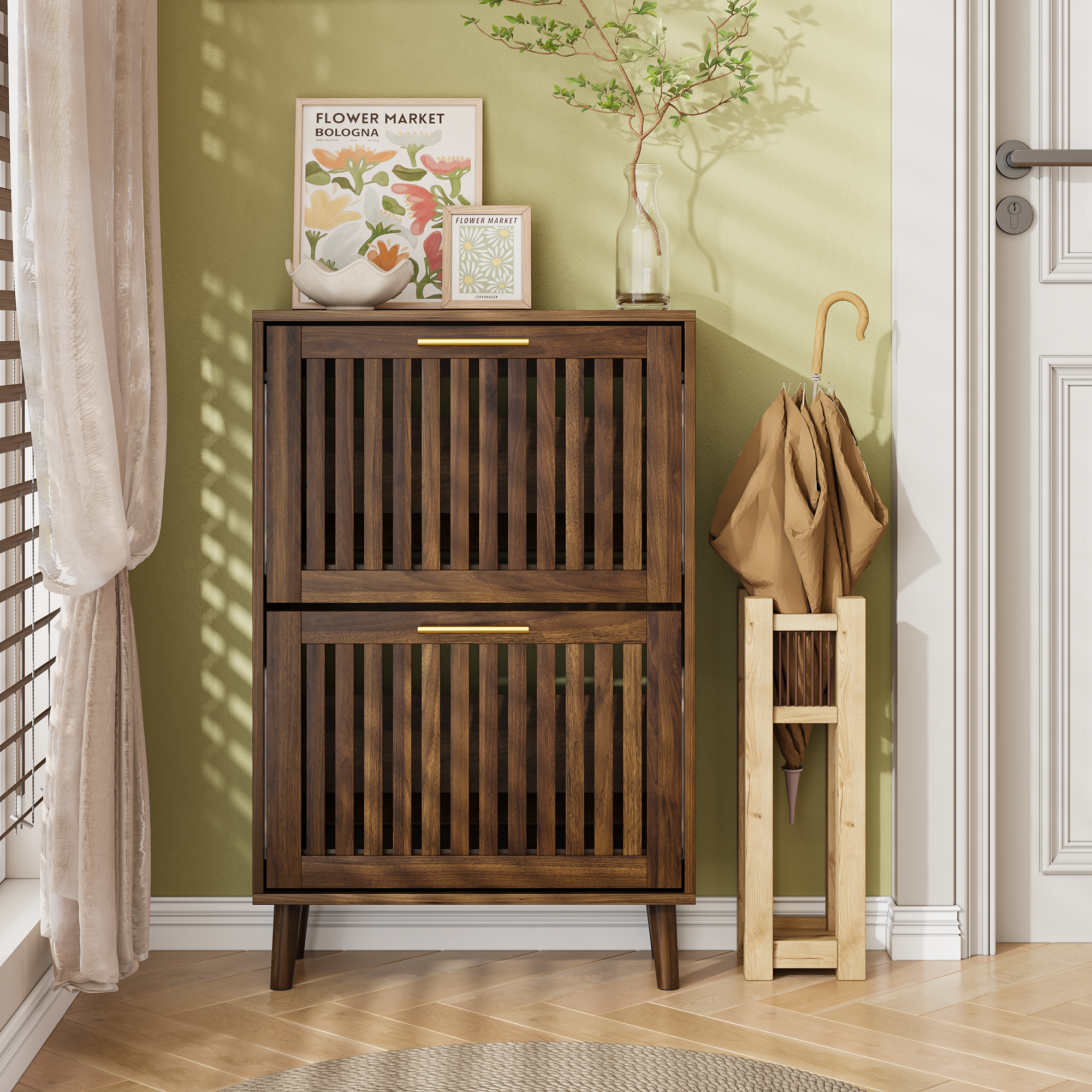 Shoe Cabinet 60cm Freestanding 2 Drop-Down Drawers Medieval-Modern - Walnut Wood