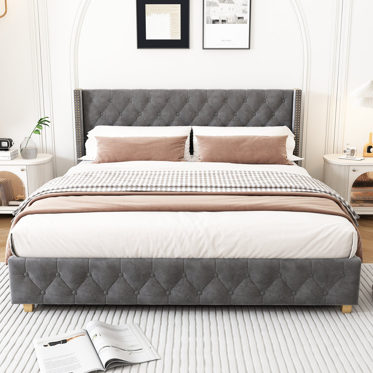 Upholstered Bed 140x190cm with Slatted Frame, Grey Velvet