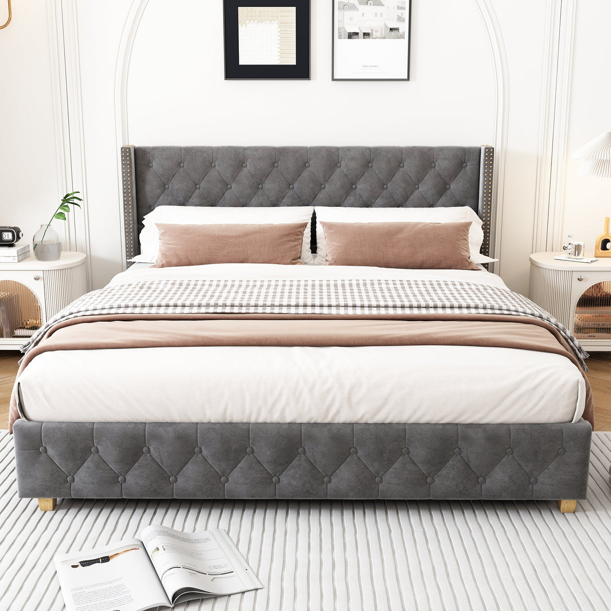 Upholstered Bed 160x200cm Button Studded Headboard Slatted Frame - Velvet Grey