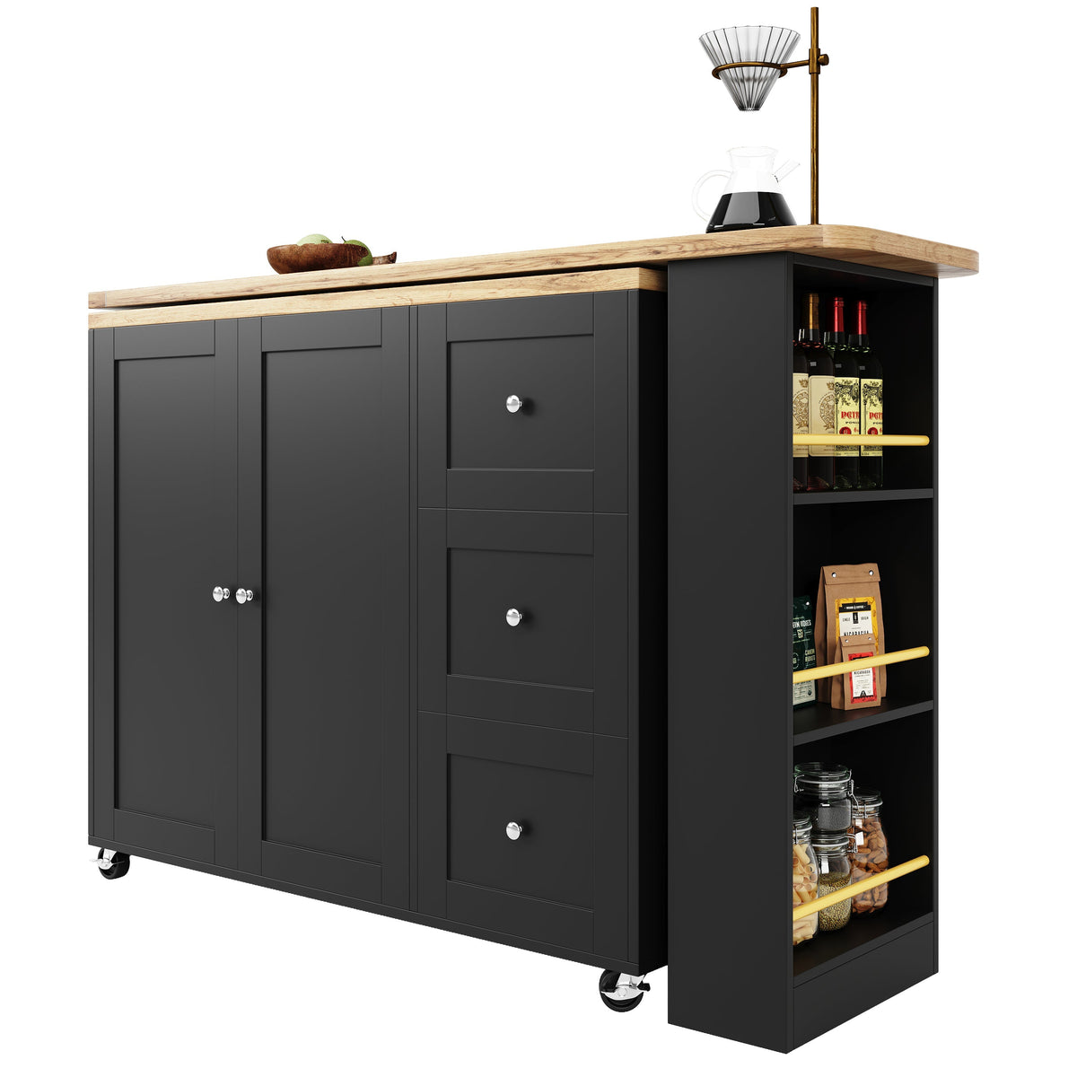360° Rotating Bar Table Extendable On Casters Storage Island 3 Drawers Black
