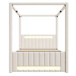 Upholstered Four-Poster Bed 140x200cm, 3 Drawers & LED, Beige