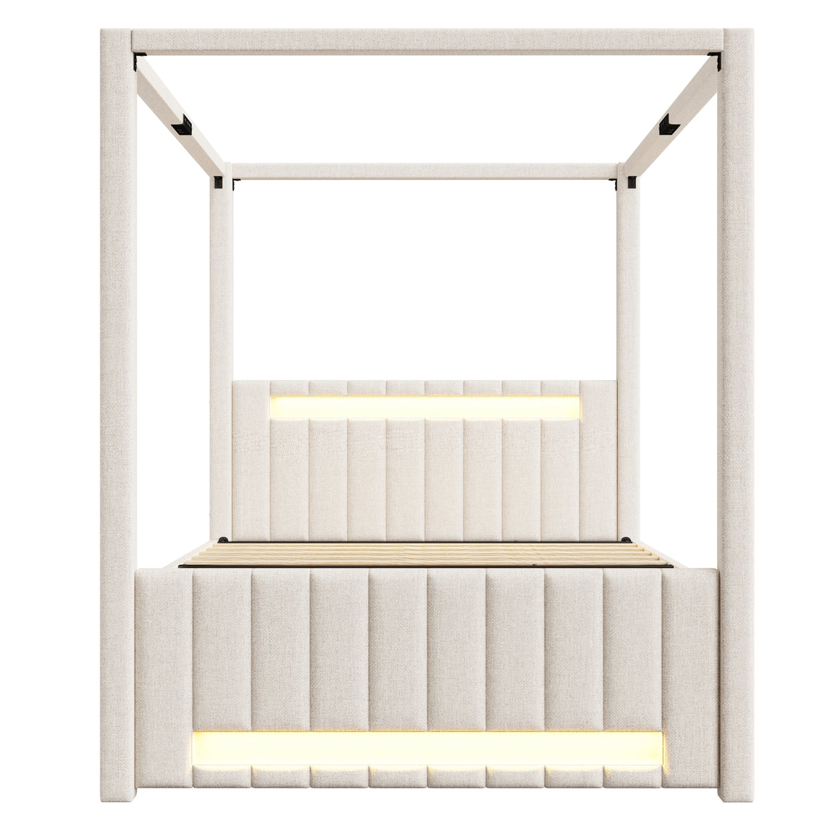 Upholstered Four-Poster Bed 140x200cm, 3 Drawers & LED, Beige