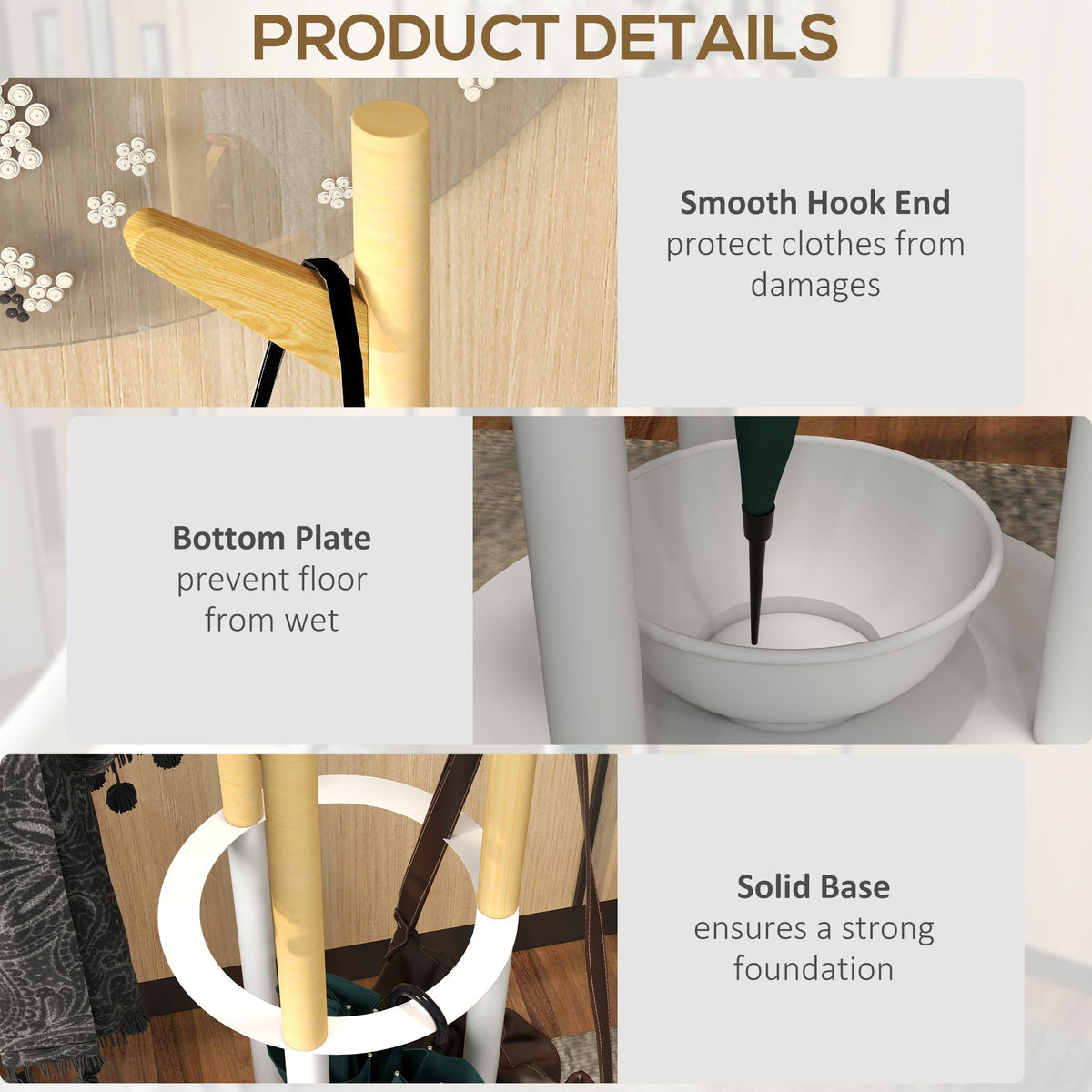 Coat Rack with Umbrella Stand, 13 Hooks, Metal and Bamboo, Natural and White