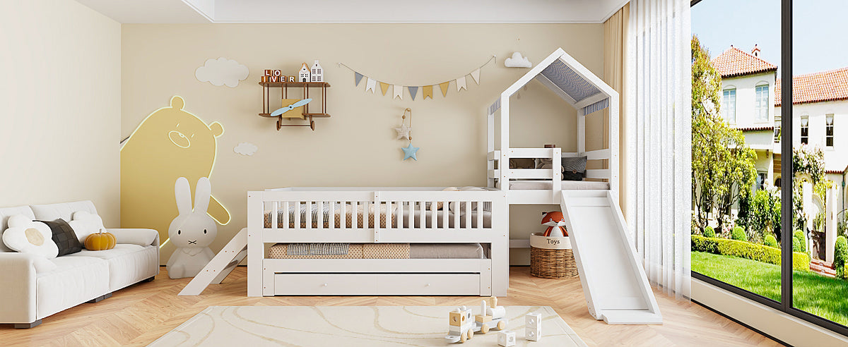 House Bunk Bed with Slide, Trundle & Drawers, White Solid Wood