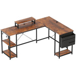 L-Shaped Desk with Corner Storage, Monitor Stand, Reversible - Rustic Brown