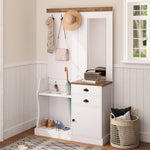 Wardrobe Set with Mirror, Hooks, Drawers & Umbrella Stand, Wood and White