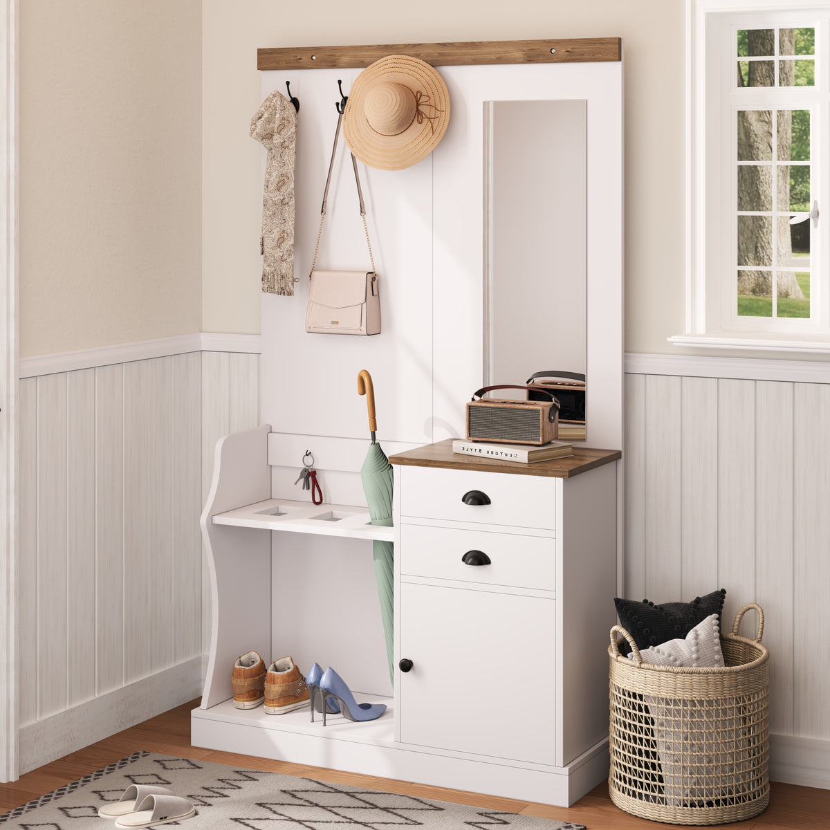 Wardrobe Set with Mirror, Hooks, Drawers & Umbrella Stand, Wood and White