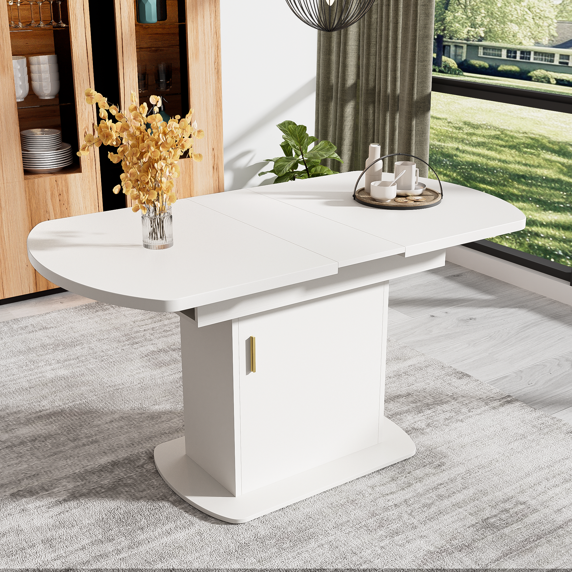 Dining Table Extendable Oval Storage White + Gold Handle