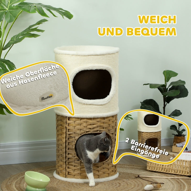 Cat Scratching Barrel, 80cm High, Three-Tier, Plush Rim, Cream White + Brown