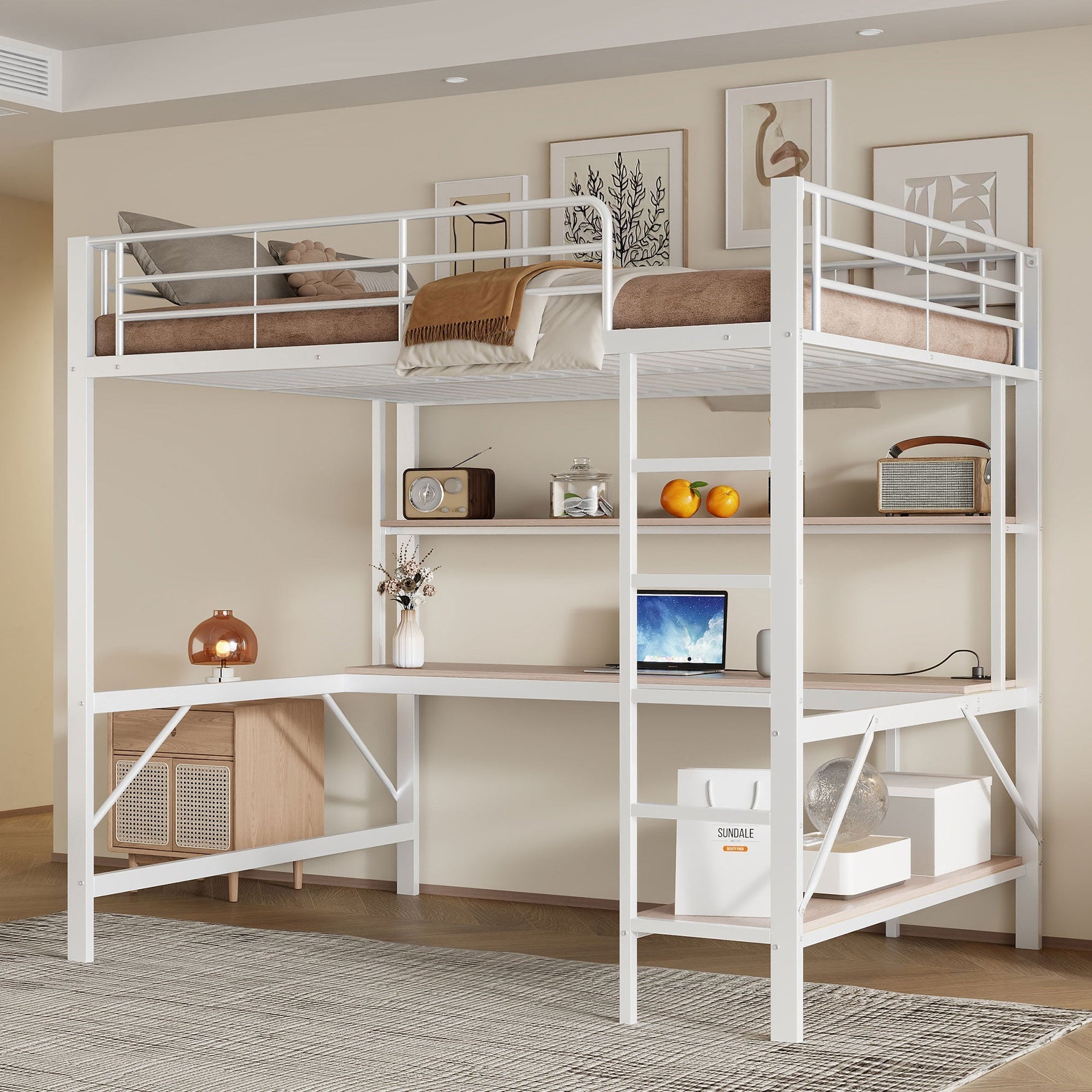 Loft Bed 140x200cm Desk Shelf LED USB/Power Outlet - White Metal
