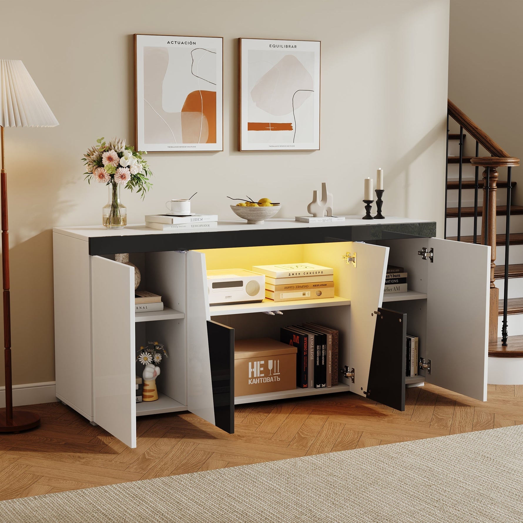 Living Room Sideboard 140x40x65cm Large Storage 4 Doors LED Light Strip Angled Design Black and White