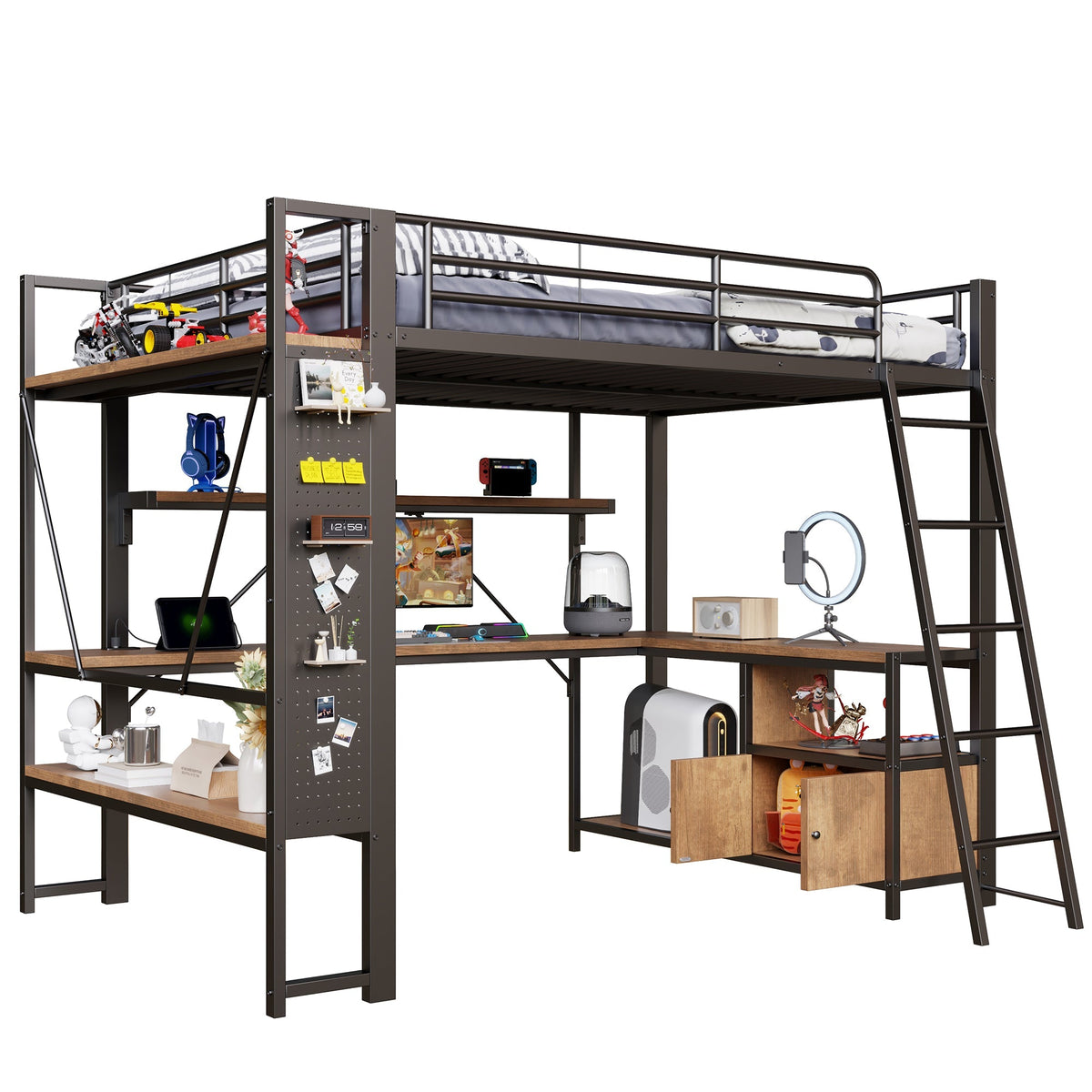 Loft Bed 140x200cm Iron Frame with Desk LED Light Strip USB Port Black